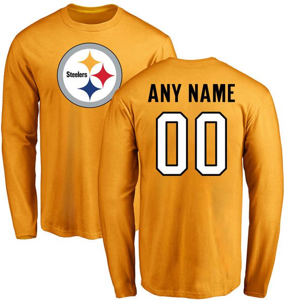 Men Pittsburgh Steelers NFL Pro Line Gold Custom Name and Number Logo Long Sleeve T-Shirt->nfl t-shirts->Sports Accessory